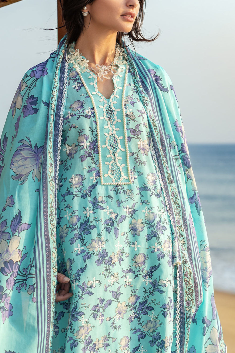 3 Piece Schiffli Embroidered Printed Lawn Suit with Lace and Dupatta