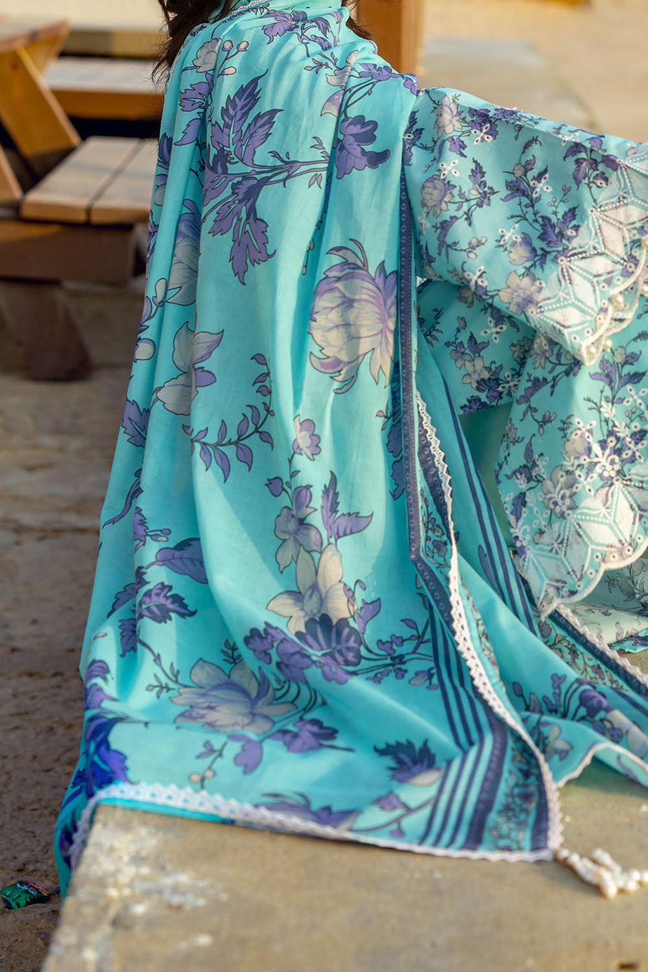 3 Piece Schiffli Embroidered Printed Lawn Suit with Lace and Dupatta
