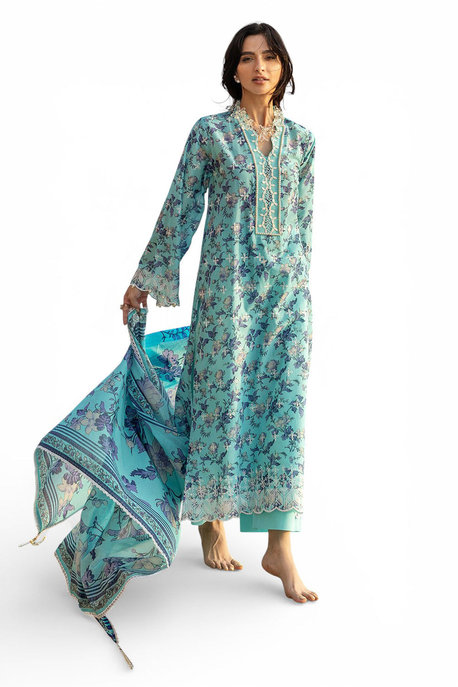 3 Piece Schiffli Embroidered Printed Lawn Suit with Lace and Dupatta
