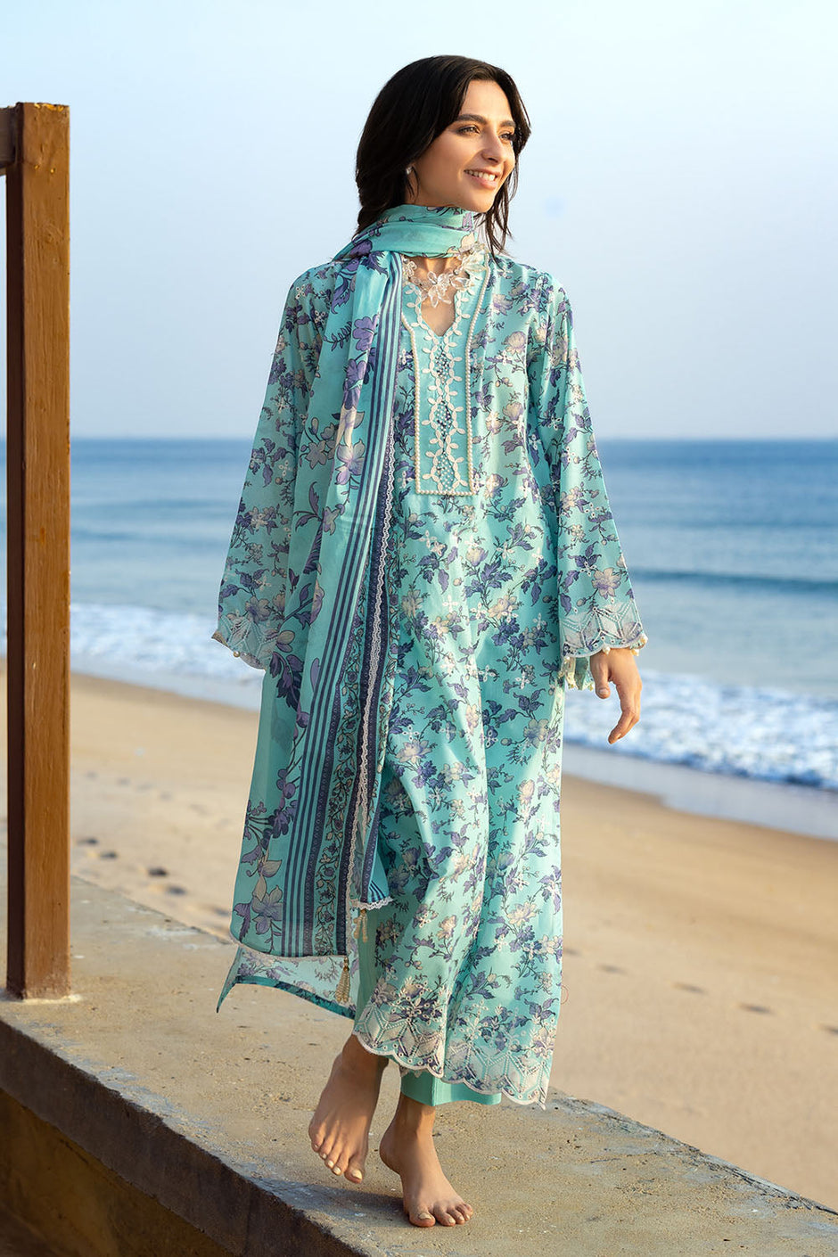 3 Piece Schiffli Embroidered Printed Lawn Suit with Lace and Dupatta