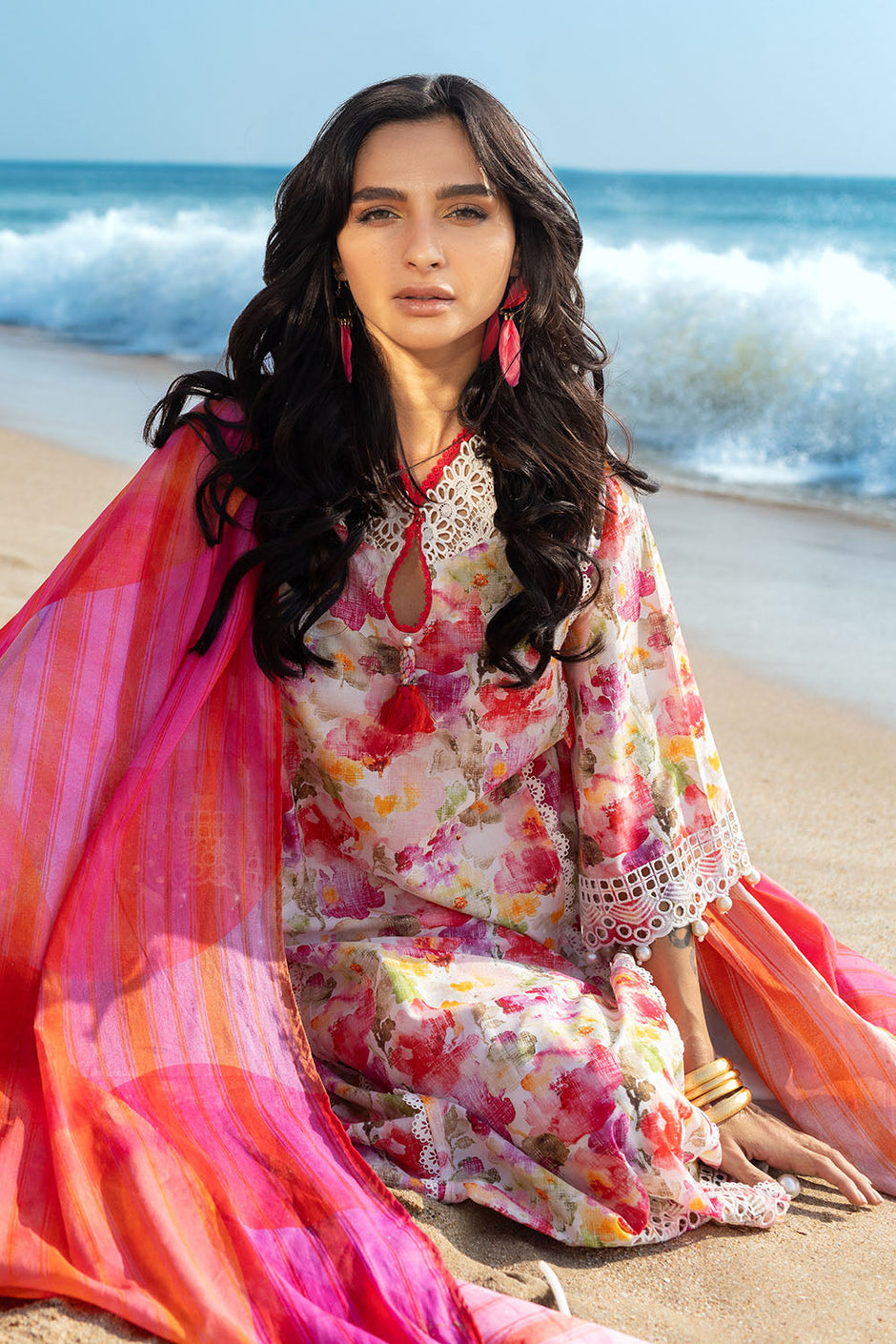 3 Piece Schiffli Embroidered Printed Lawn Suit with Lace Dupatta