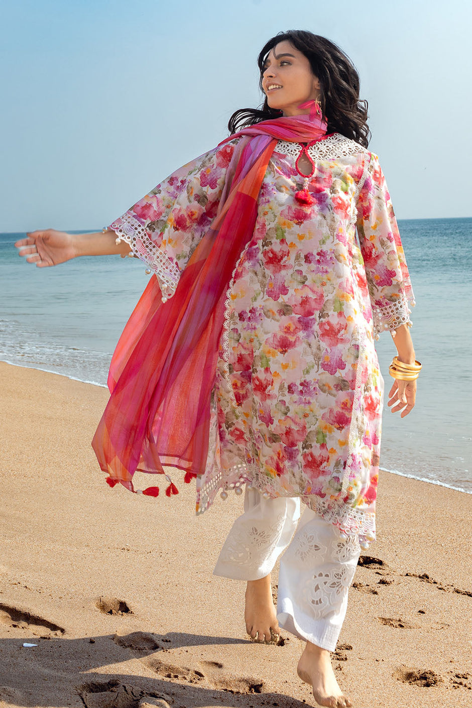 3 Piece Schiffli Embroidered Printed Lawn Suit with Lace Dupatta