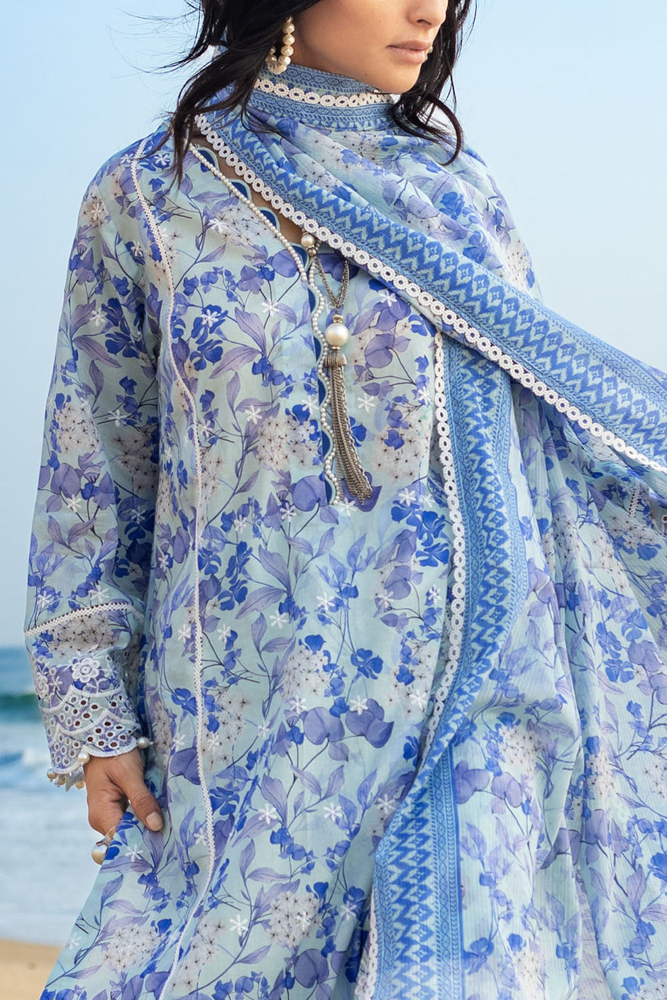 3 Piece Schiffli Embroidered Printed Lawn Suit with Denting Dupatta