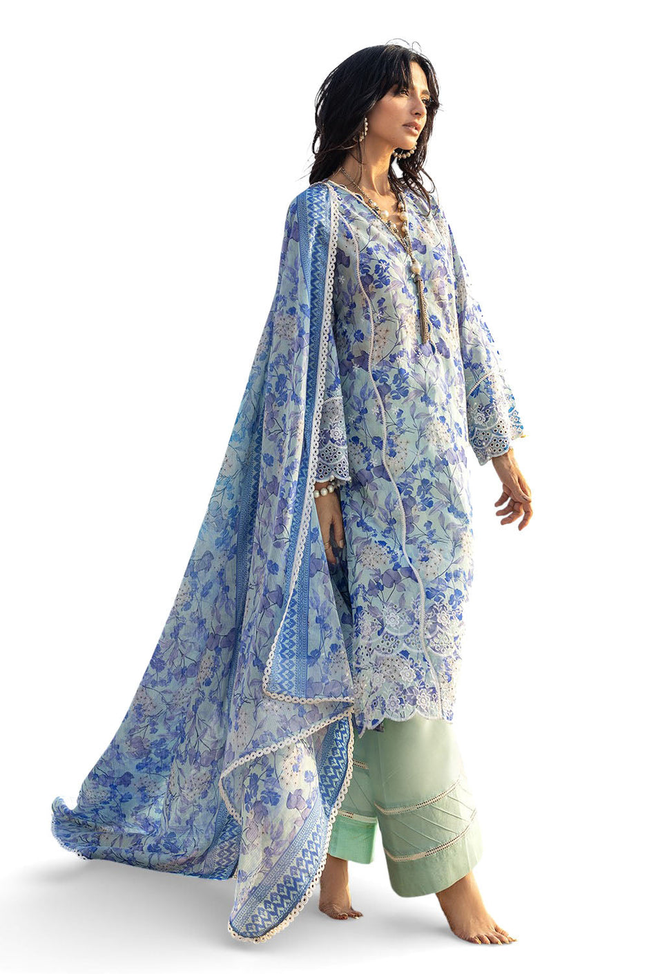 3 Piece Schiffli Embroidered Printed Lawn Suit with Denting Dupatta