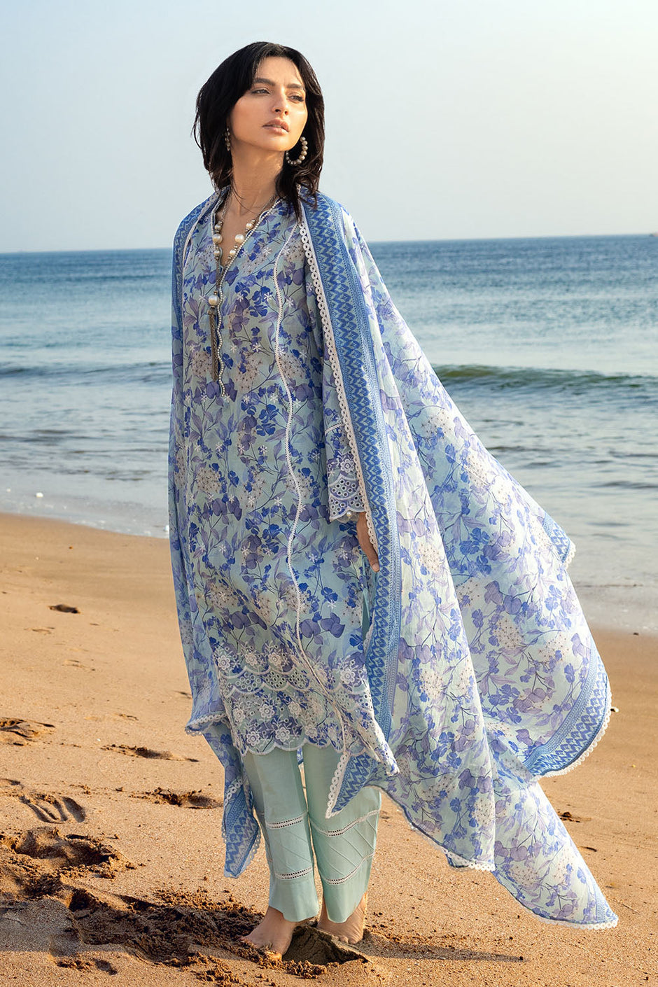 3 Piece Schiffli Embroidered Printed Lawn Suit with Denting Dupatta