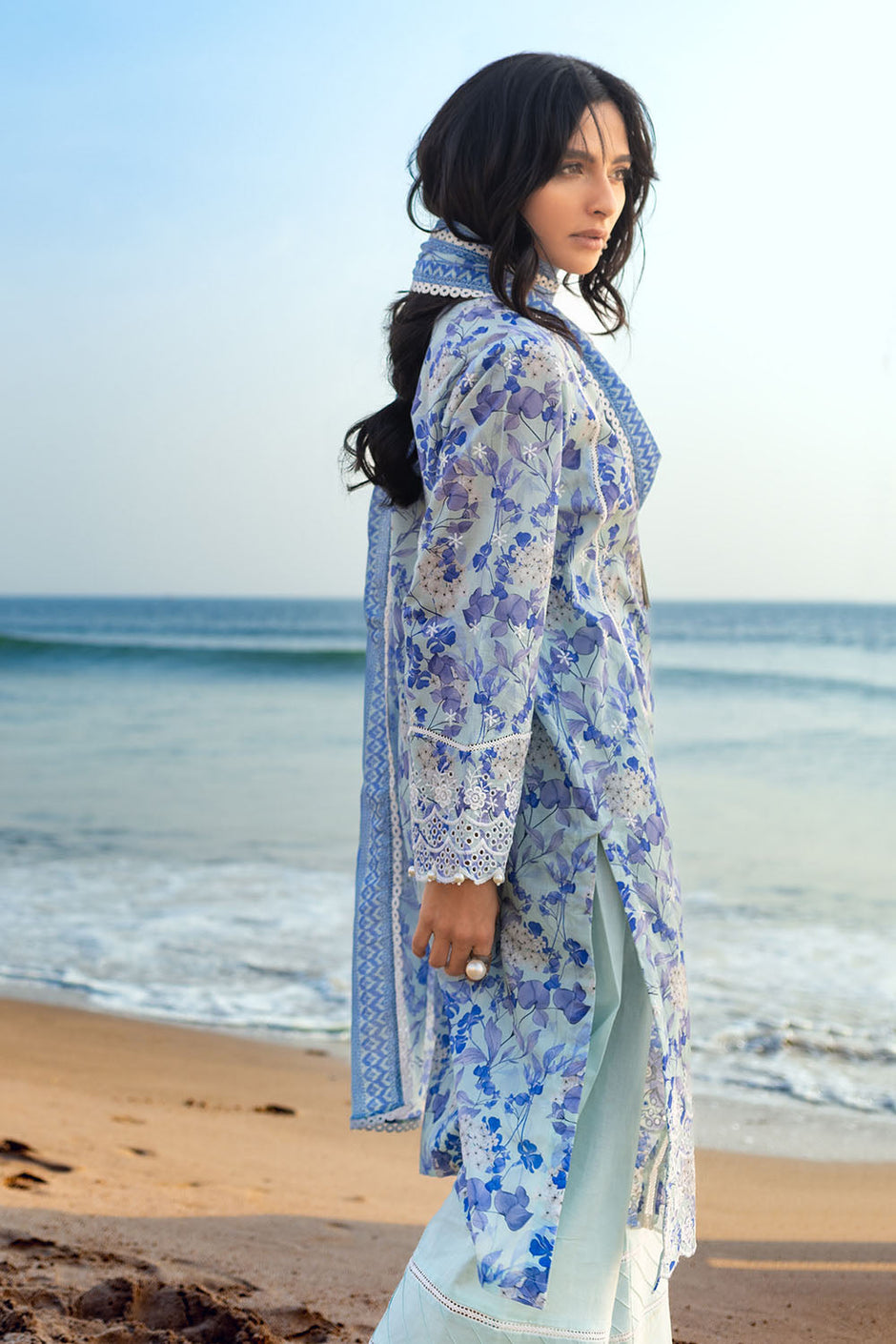 3 Piece Schiffli Embroidered Printed Lawn Suit with Denting Dupatta