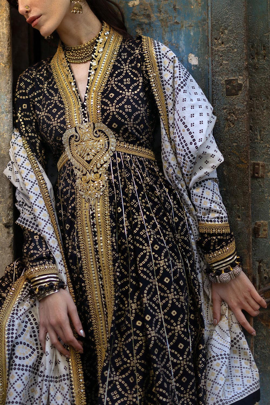 3 Piece Gold Printed Lawn Suit with Gold and Lacquer Printed Mehsuri Dupatta and Dyed Trouser