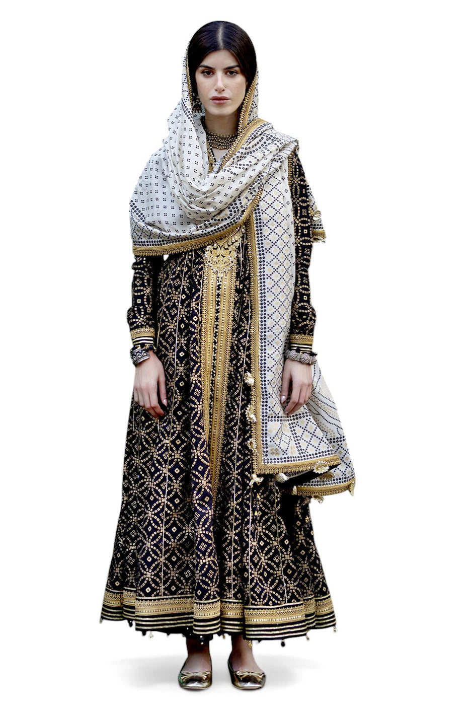 3 Piece Gold Printed Lawn Suit with Gold and Lacquer Printed Mehsuri Dupatta and Dyed Trouser
