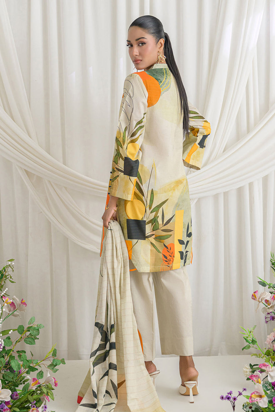 3 Piece Printed Mehsuri Stripe Lawn Suit with Printed Mehsuri Stripe Lawn Dupatta and Dyed Trouser