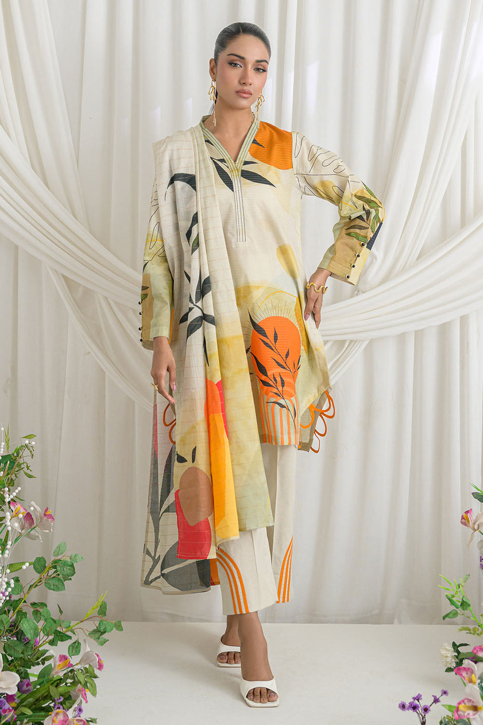 3 Piece Printed Mehsuri Stripe Lawn Suit with Printed Mehsuri Stripe Lawn Dupatta and Dyed Trouser