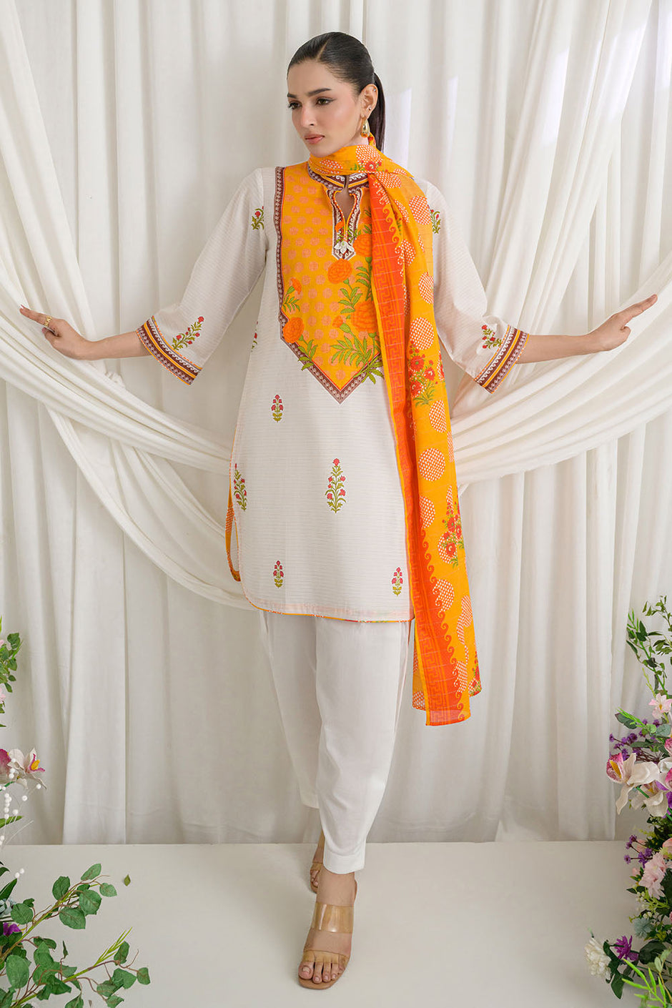 3 Piece Printed Mehsuri Stripe Lawn Suit with Printed Mehsuri Stripe Lawn Dupatta and Dyed Trouser
