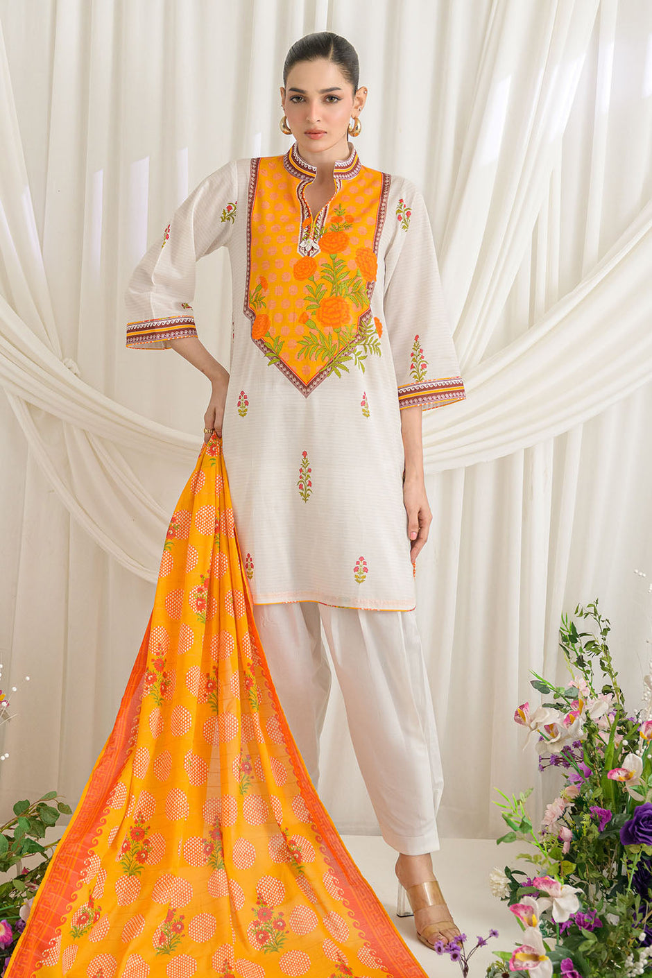 3 Piece Printed Mehsuri Stripe Lawn Suit with Printed Mehsuri Stripe Lawn Dupatta and Dyed Trouser