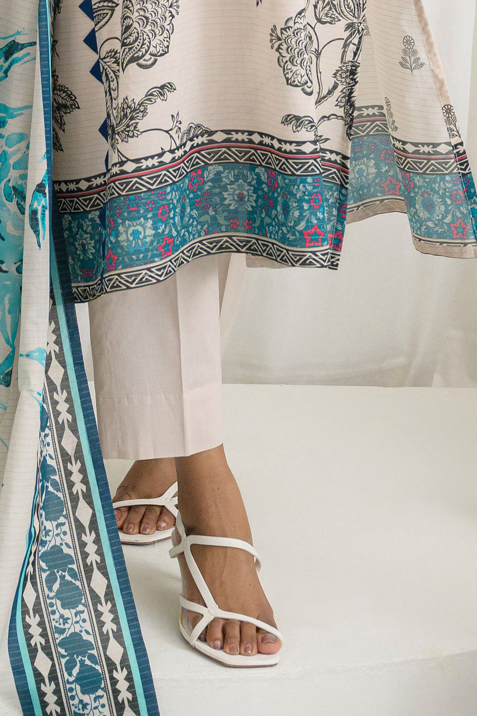 3 Piece Printed Mehsuri Stripe Lawn Suit with Printed Mehsuri Stripe Lawn Dupatta and Dyed Trouser