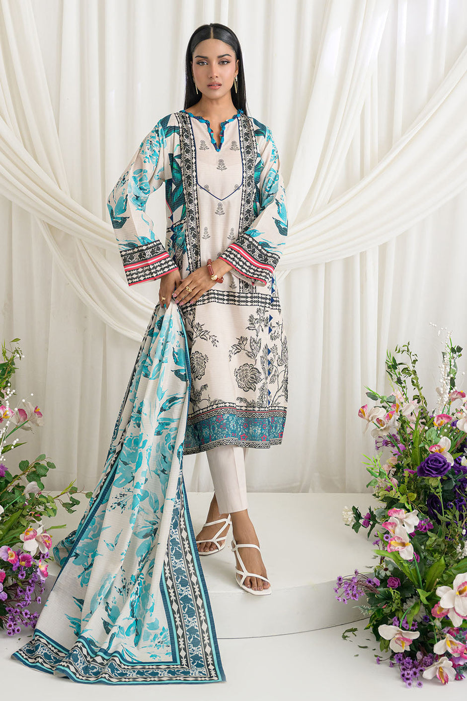 3 Piece Printed Mehsuri Stripe Lawn Suit with Printed Mehsuri Stripe Lawn Dupatta and Dyed Trouser