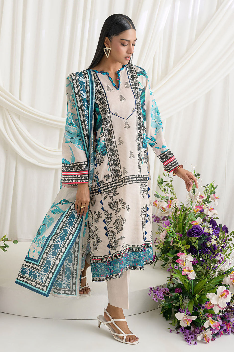 3 Piece Printed Mehsuri Stripe Lawn Suit with Printed Mehsuri Stripe Lawn Dupatta and Dyed Trouser