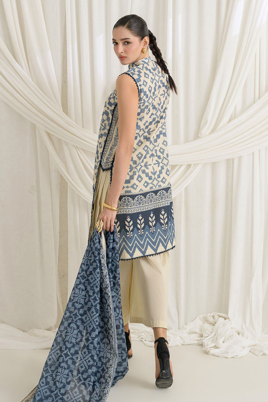 3 Piece Printed Mehsuri Stripe Lawn Suit with Printed Mehsuri Stripe Lawn Dupatta and Dyed Trouser