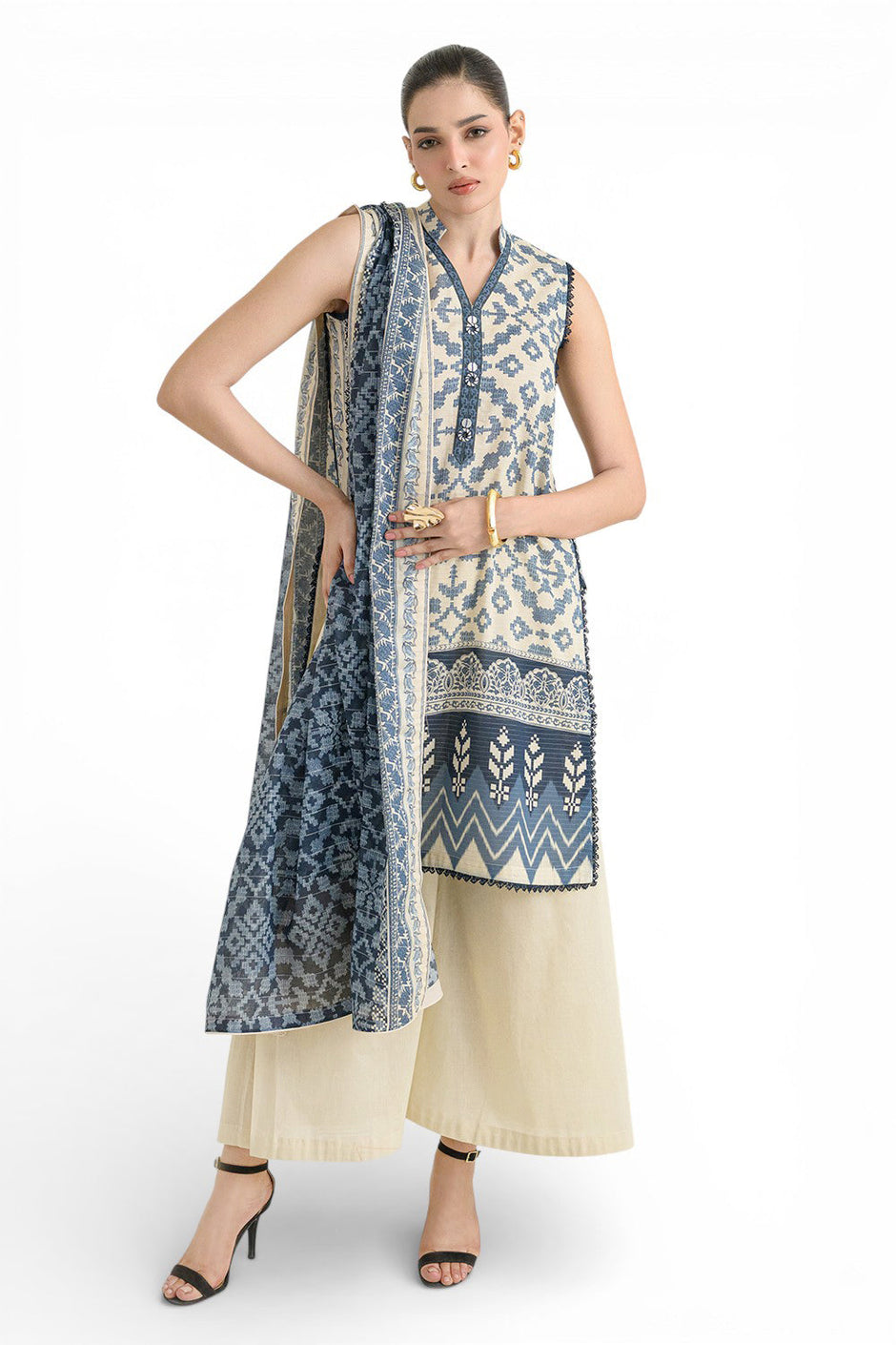 3 Piece Printed Mehsuri Stripe Lawn Suit with Printed Mehsuri Stripe Lawn Dupatta and Dyed Trouser