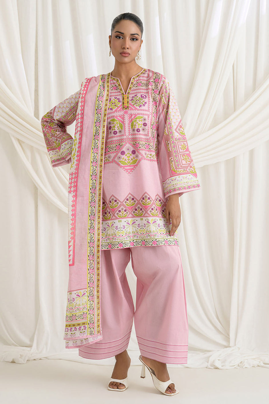3 Piece Printed Mehsuri Stripe Lawn Suit with Printed Mehsuri Stripe Lawn Dupatta and Dyed Trouser