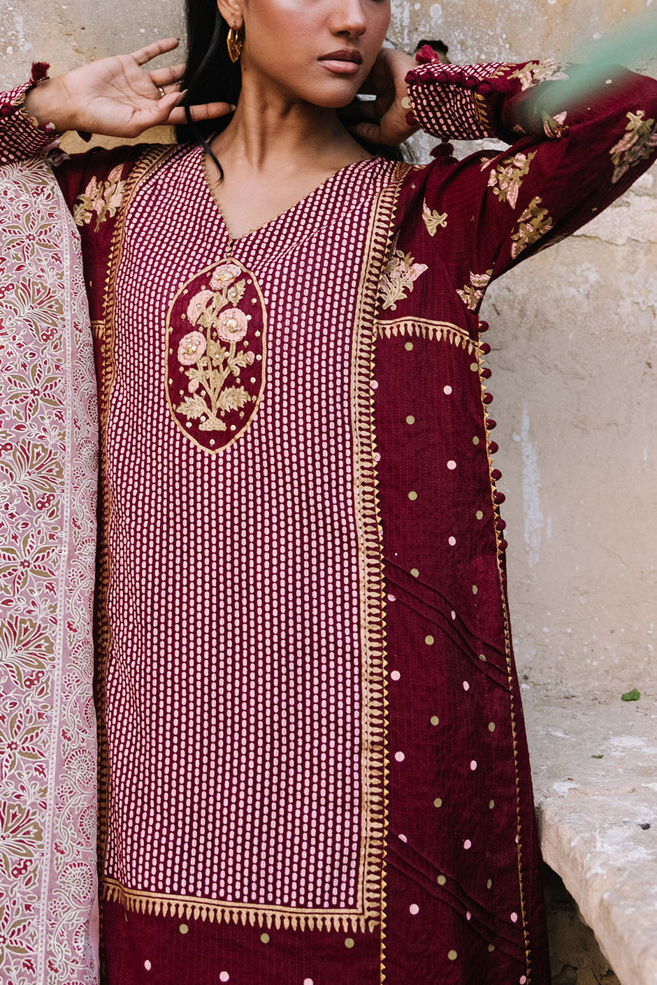 3 Piece Printed Cotton Silk Suit with Handwork and Lacquer Printed Organza Dupatta