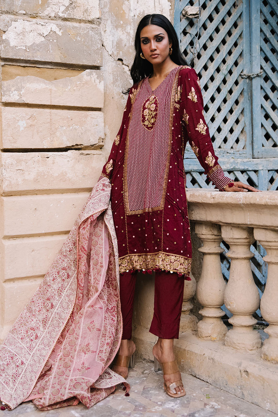 3 Piece Printed Cotton Silk Suit with Handwork and Lacquer Printed Organza Dupatta