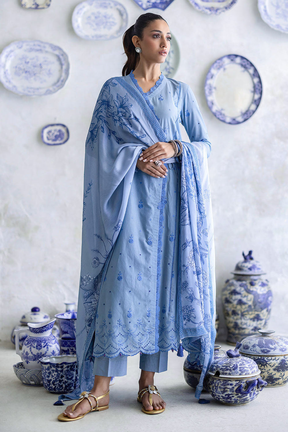 3 Piece Schiffli Embroidered Lawn Suit with Silk Dupatta