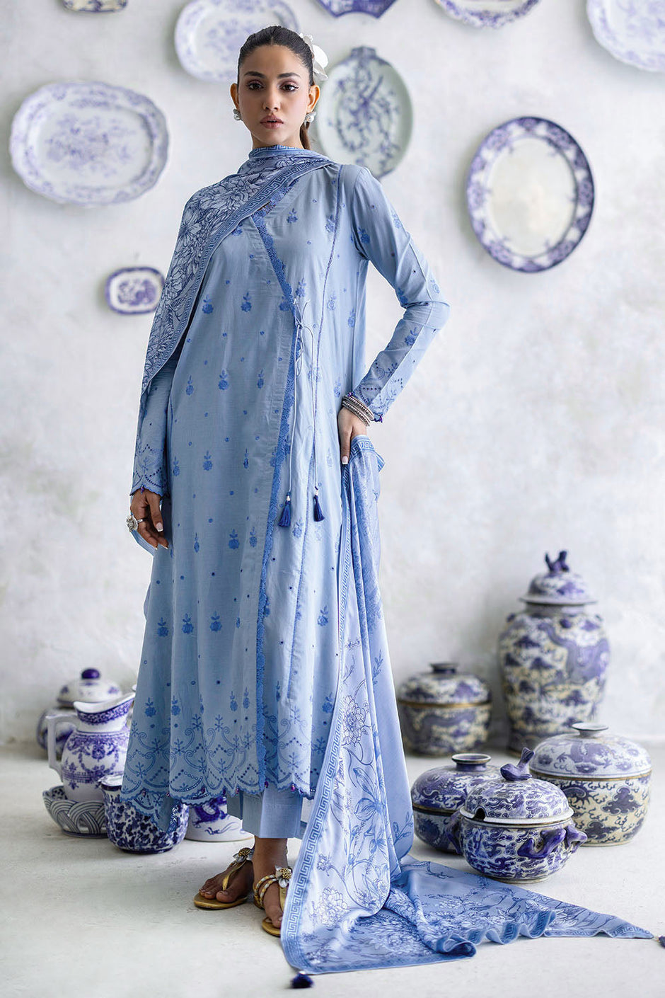 3 Piece Schiffli Embroidered Lawn Suit with Silk Dupatta