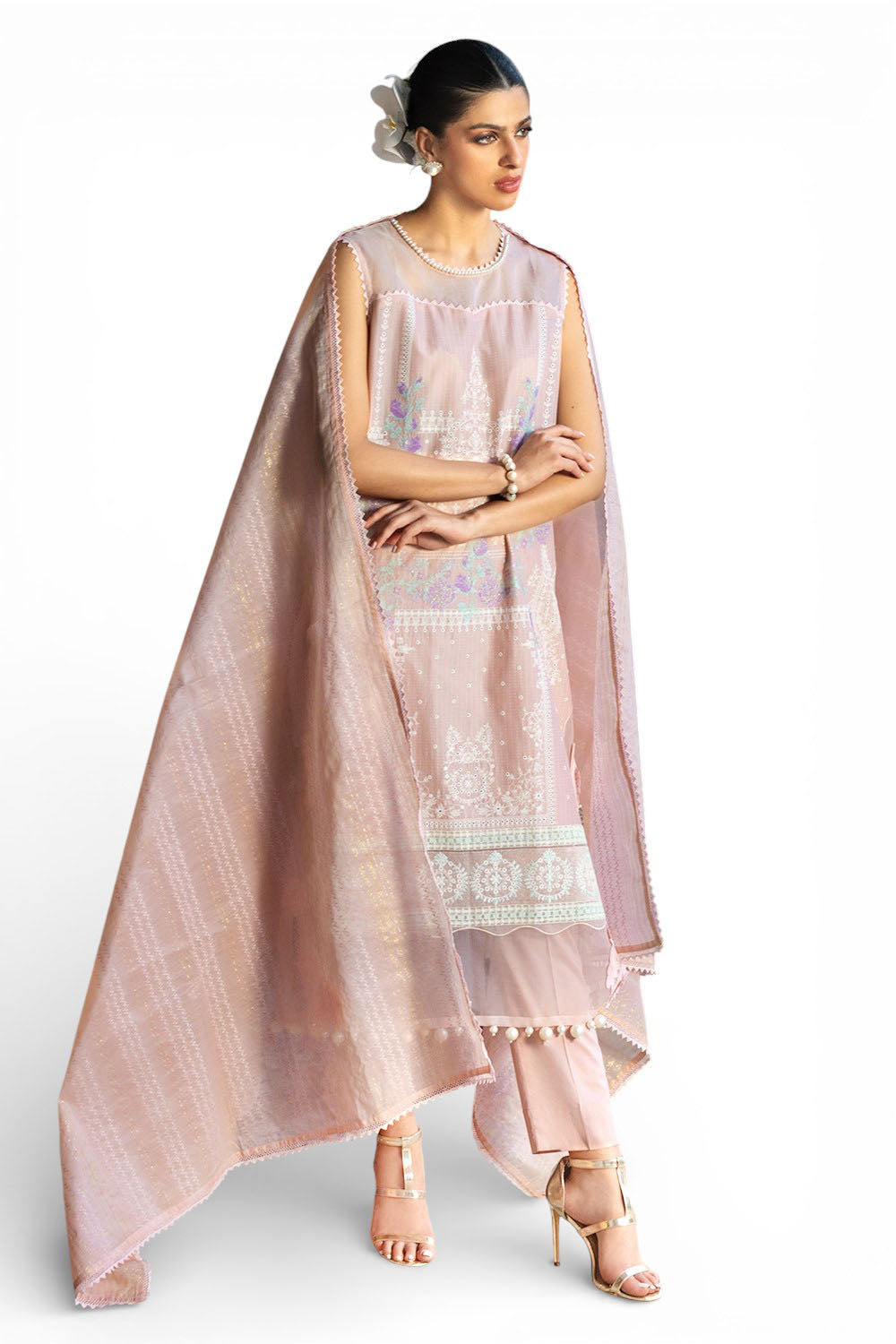 3 Piece Embroidered Dobby Suit with Borders and Zari Dupatta