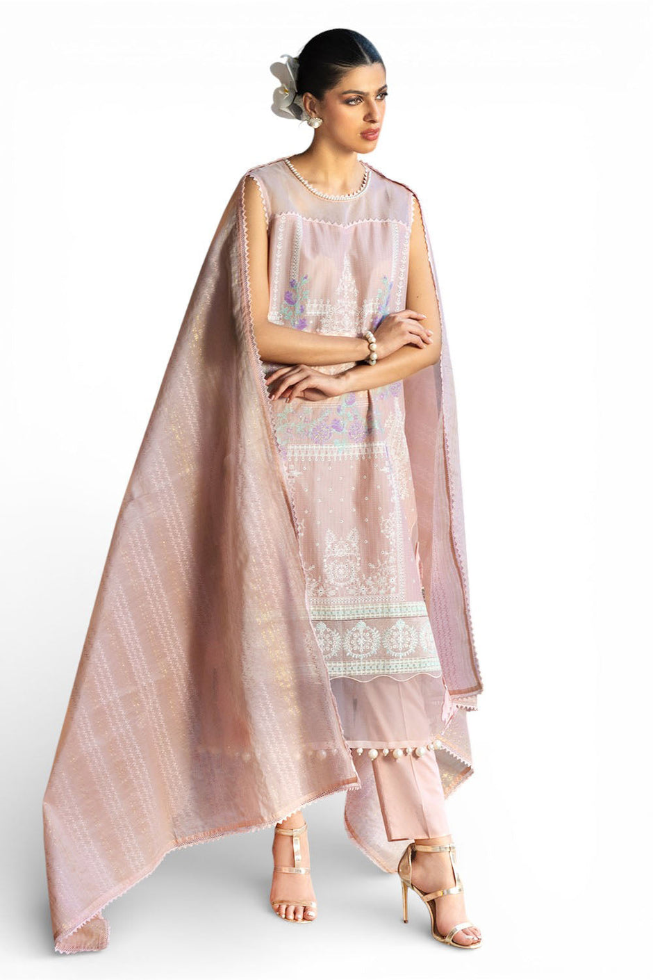 3 Piece Embroidered Dobby Suit with Borders and Zari Dupatta