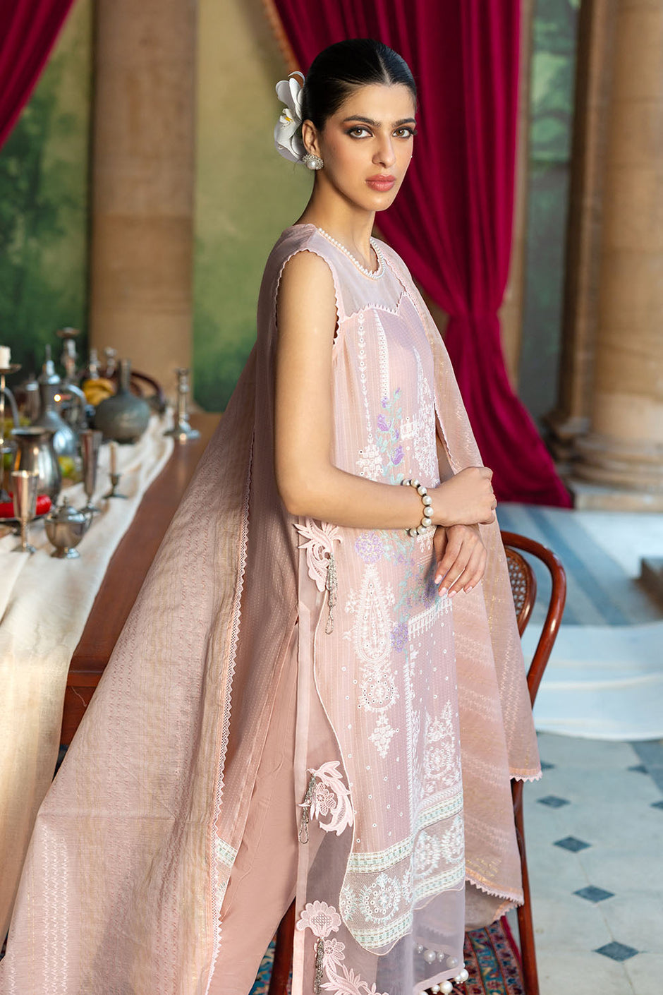 3 Piece Embroidered Dobby Suit with Borders and Zari Dupatta