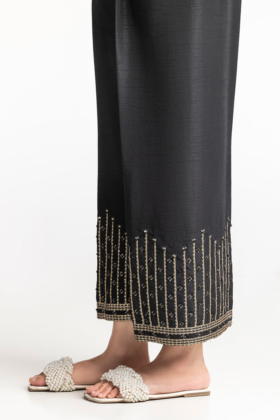 Black Rawsilk Embroidered Trouser TR-24-26